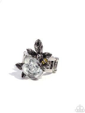 Gentle Greenhouse Paparazzi White Silver Floral Ring with Yellow Accents